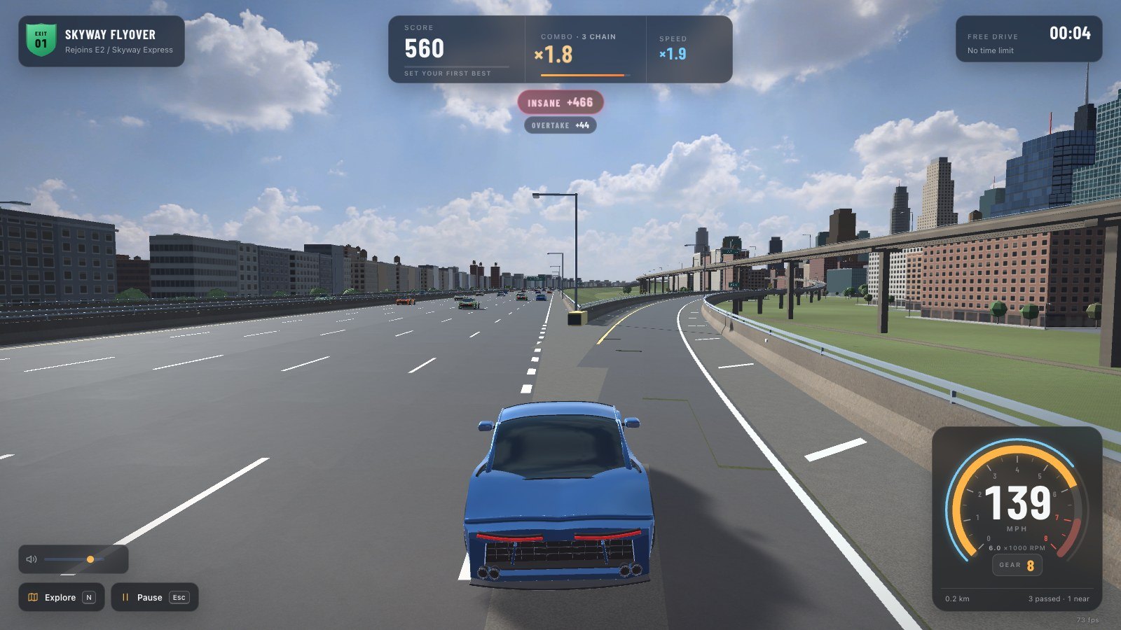 Highway Hesi gameplay showing the score, combo and speed on a city freeway