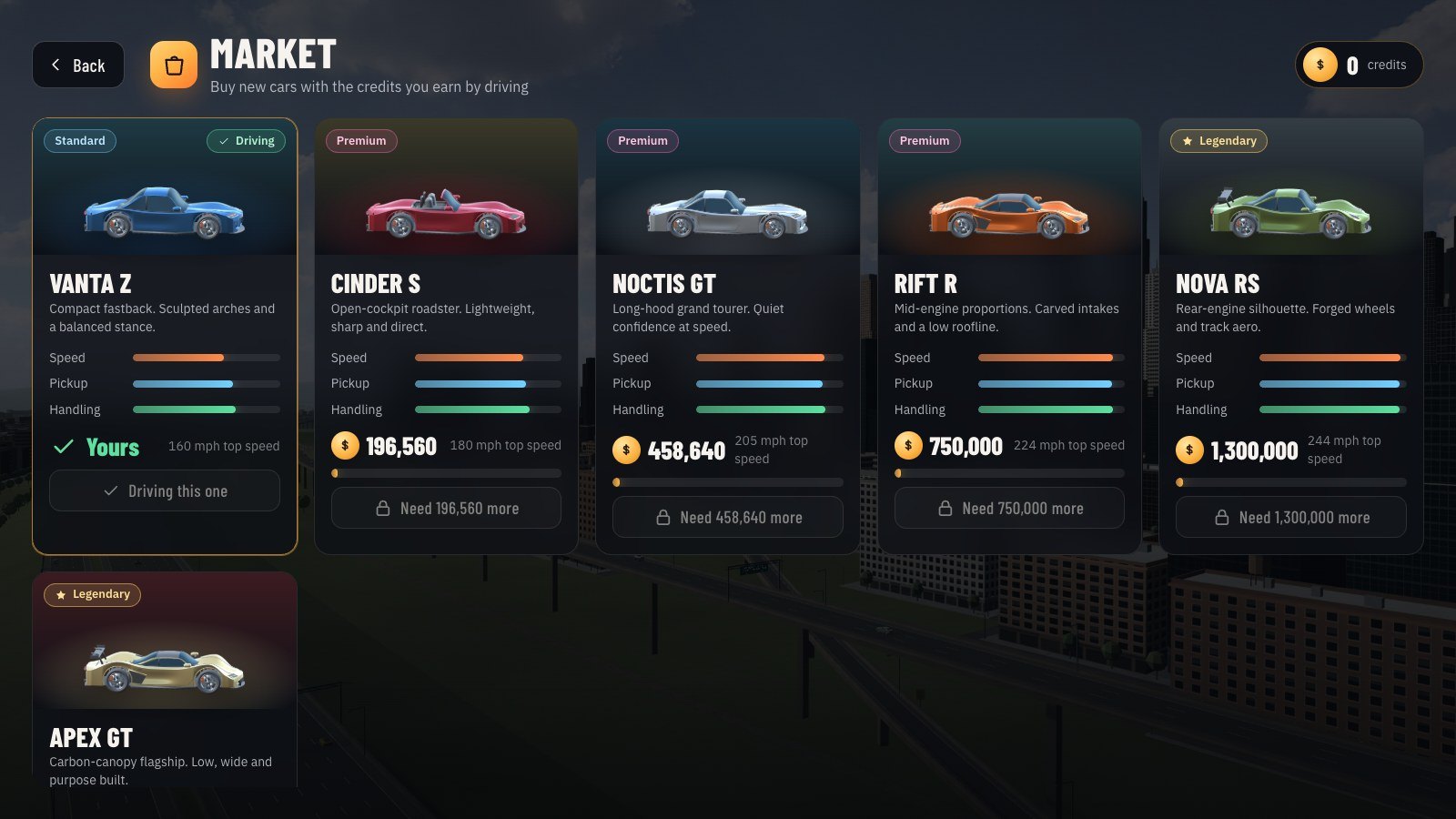 The Highway Hesi market showing ten sports cars and their prices